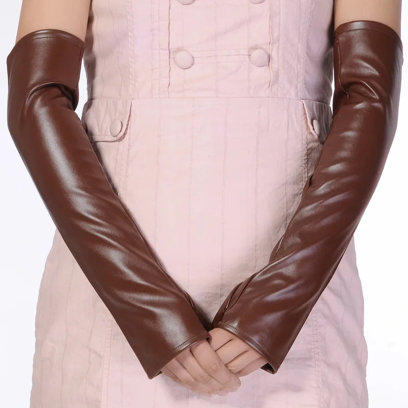 Women Winter Warm Half Finger Arm Sleeve Nightclub Show Touch Screen Mitten Thin Long Fingerless Pu Leather Driving Gloves M36