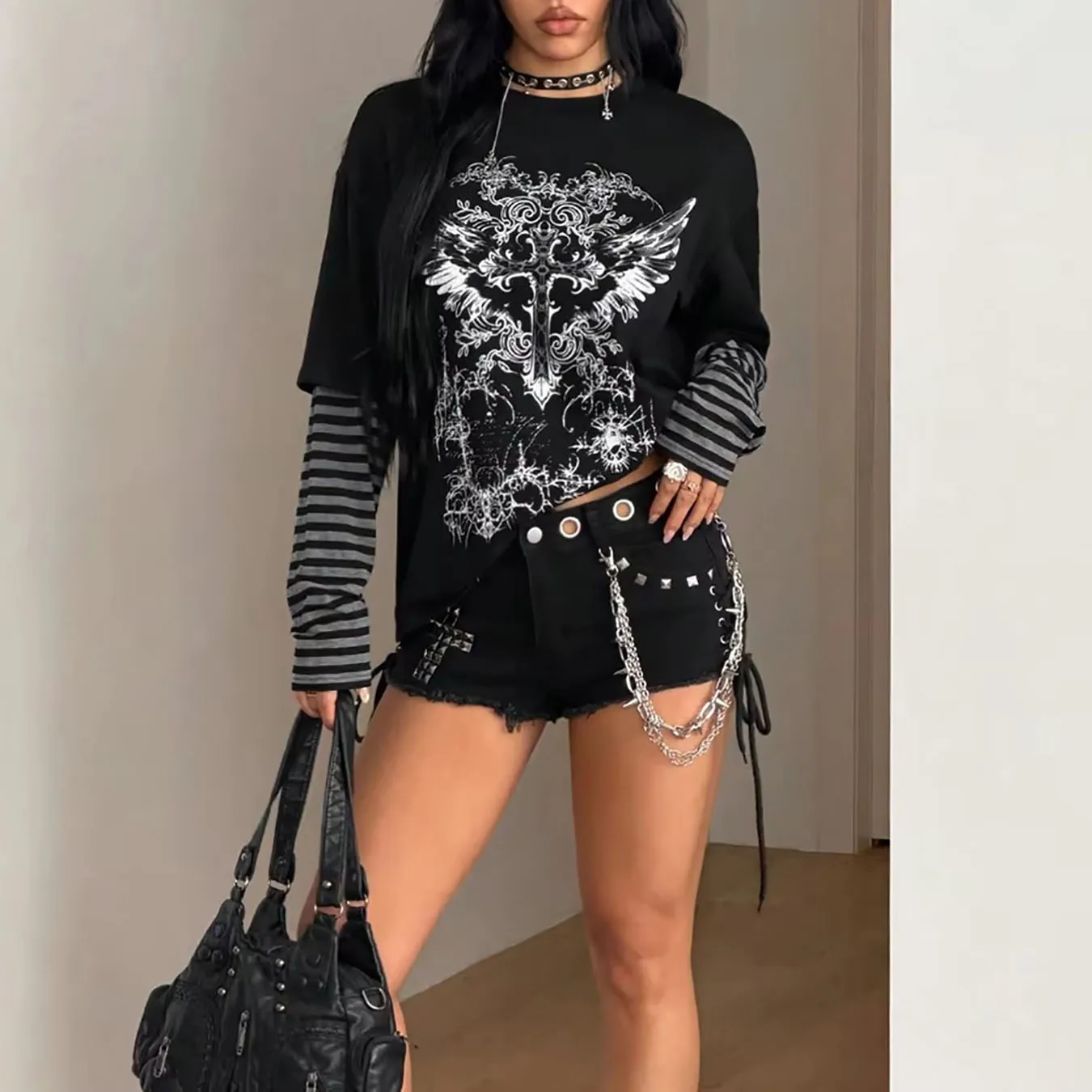 2026 Gothic Y2K Wing Cross Graphic Print Faux Two Piece Long Sleeve Tee Striped Sleeve Detail Loose Fit Punk Street Casual Top