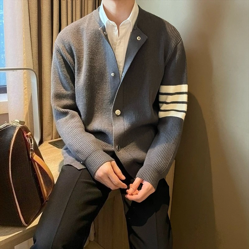 ​ Casual masculino fivela de metal em torno do pescoço cor bloco cardigan primavera outono solto gota ombro franja textura na moda camisola de malha ​