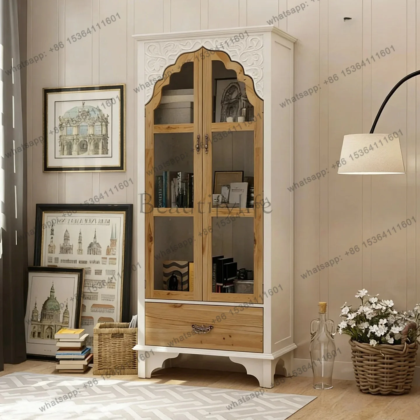 zj.American-style light luxury solid wood bookcase, natural wood-style two-tone glass door, French vintage carved sideboard