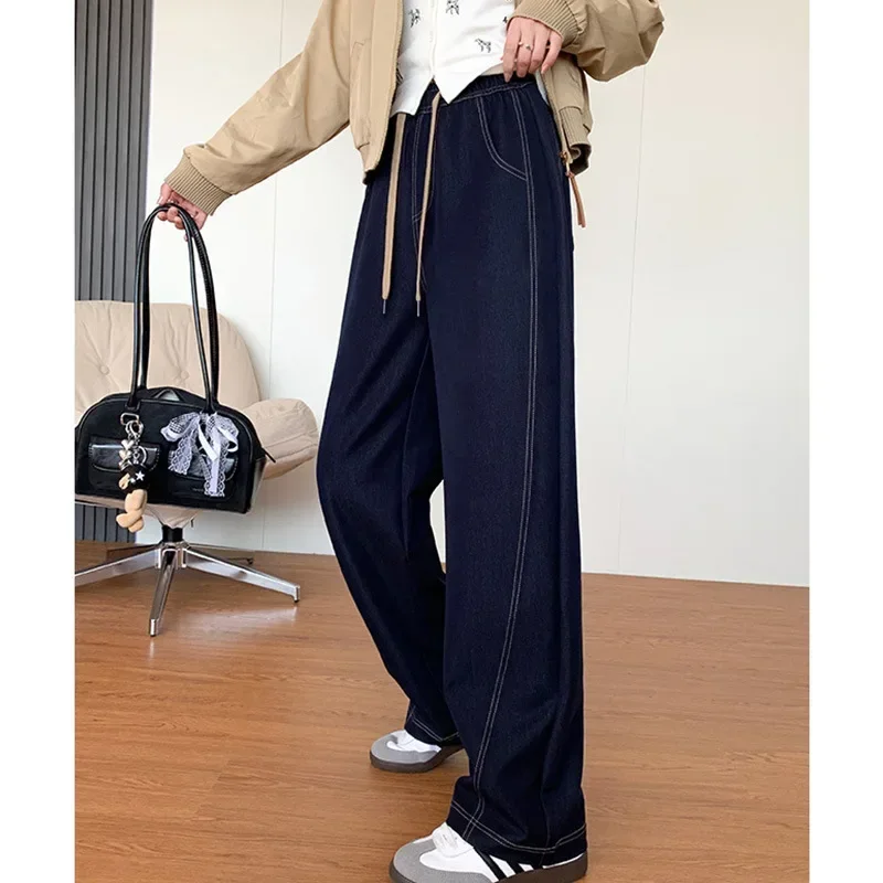 Cotton Denim Jeans Women's High Waist Figure Flattering Straight-Leg Pant  Spring and Autumn New Blue Color Wide-Leg