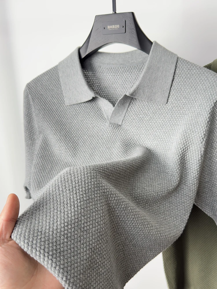 100% cotton high-quality knitted short sleeved t-shirt men's solid color polo shirt seagull collar summer casual versatile top