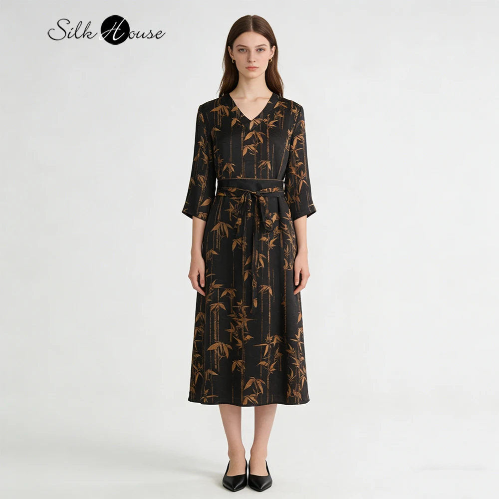2026 Women's Fashion Spring Clothing 100%Natural Mulberry Silk Fragrant Cloud Yarn Temperament V-neck Three-quarter Sleeve Dress