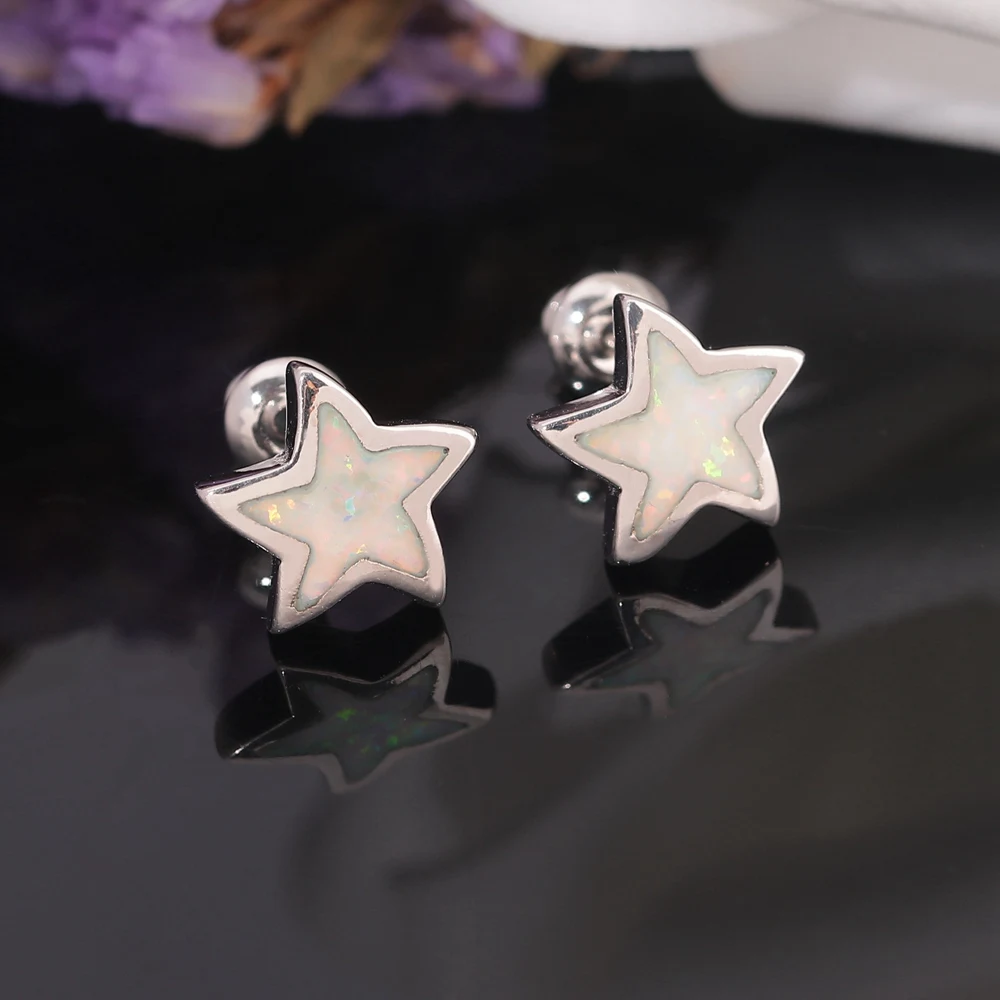 CiNily Cute Star Stud Earrings White Fire Opal Inlaid Silver Plated Elegant Style Fashion Jewelry Gifts for Women