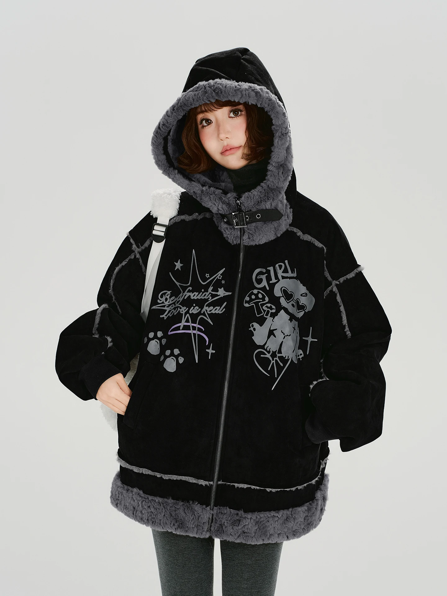 

Женская зимняя куртка из искусственной замши с американским ретро-принтом, новая, теплая, свободного кроя, повседневная, с длинными рукавами, на молнии