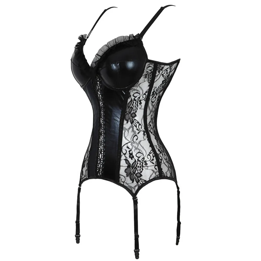 Women Shinny Leather Corset Adjustable Straps Lingerie Lace splicing with Cup Push Up Bodice Small Bust Design Bustiers Tops