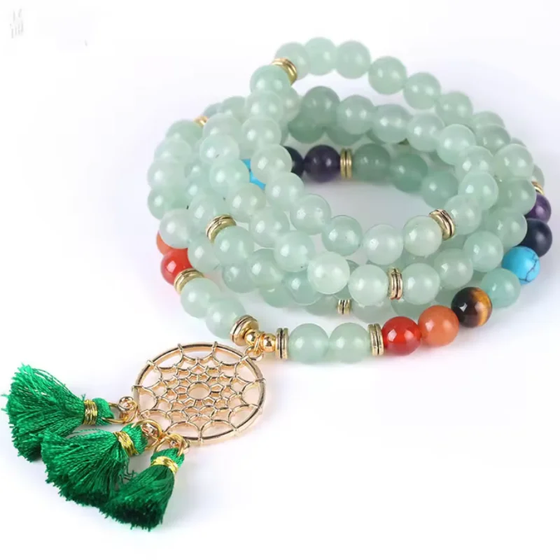 108 Mala Beaded Necklace for Women Jewelry Bohemian Dream Catching Tassel Pendant 8mm Amazonite Stone Prayer Japamala Necklace