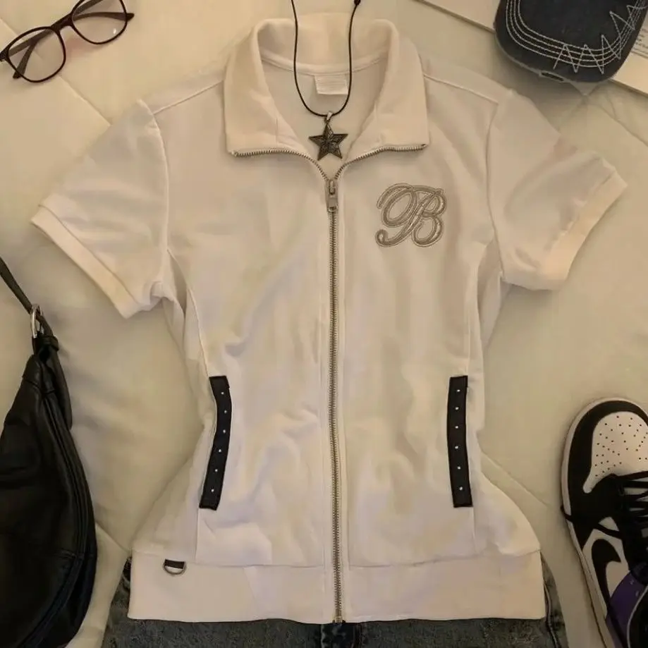 

Onalippa Summer New White Polo Collar Zipper Cardigan Short Sleeved T-shirt Women Lightweight Sub Millennium Slim Fit Jacket Top