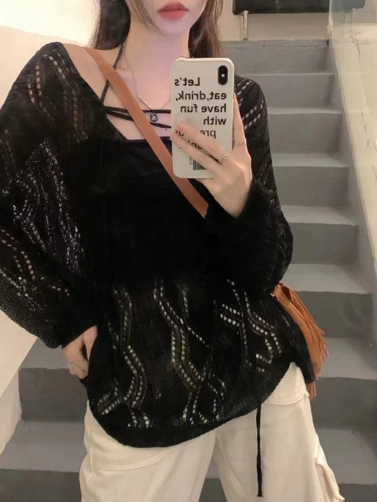 Hollow Out Bandage Knit Shirt Sweet Y2k Pullover Women Harajuku Spring Summer Thin Sweater Soft Loose Long Sleeve Tops White New