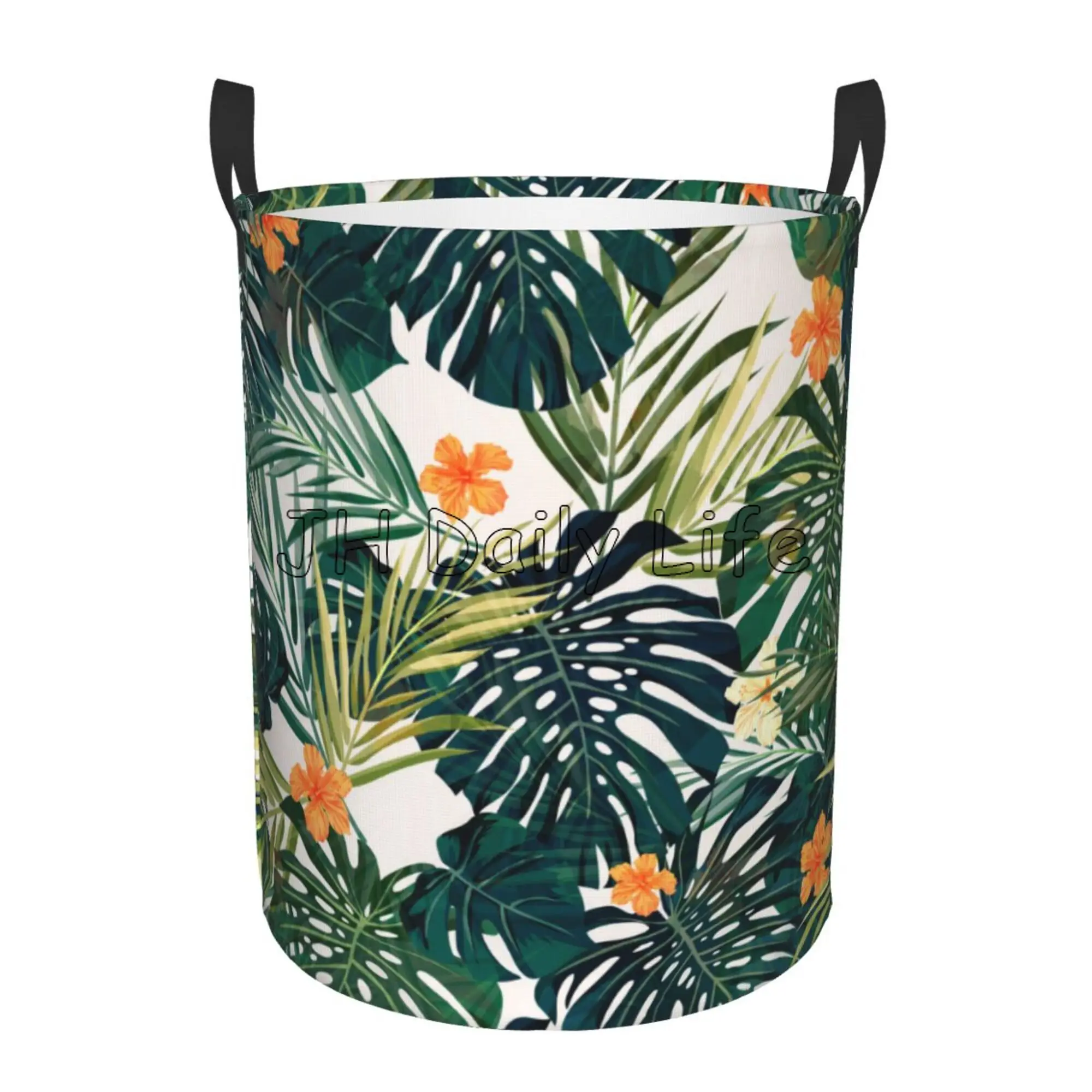 Palm Leaves and Hibiscus Flowers Round Laundry Hamper Tropical Pineapples Storage Basket Toys Clothes Organizer Bin for Home