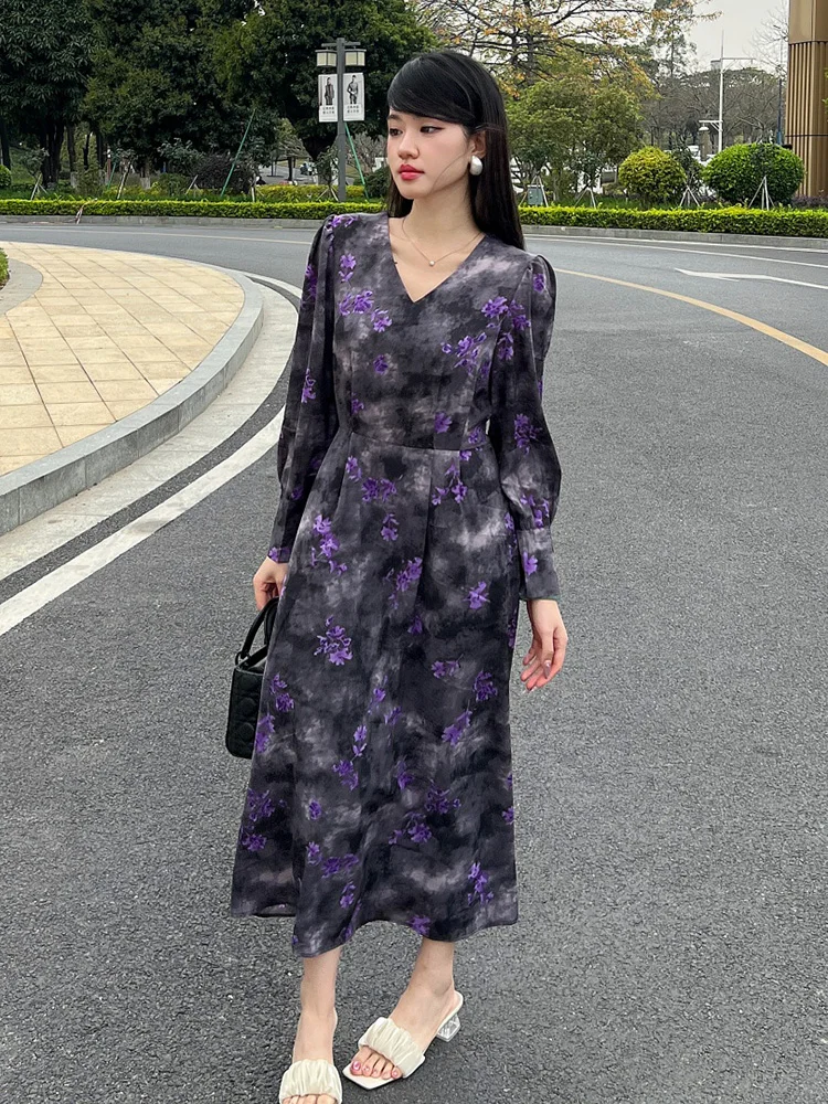 Damska sukienka wiosenna 2025 nowa koreańska wersja moda wróżka drukowanie Temperament dekolt w serek słodka kwiatowa długa Vestidos DS082