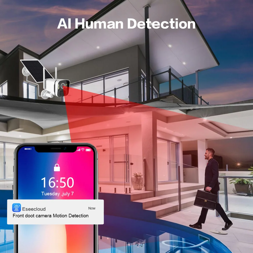 Cámara de seguridad con Panel Solar para exteriores, videocámara HD de 5MP, 2K, batería recargable de 9600mAh, Audio de detección humana PIR, 100%, sin cables