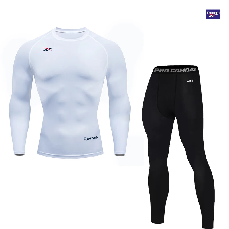 Reebok Men's Compression Long Sleeve T-Shirt Set, Stretch Training Suit, Fitness Workout Compression Top, Sport Shirt, Comfortab