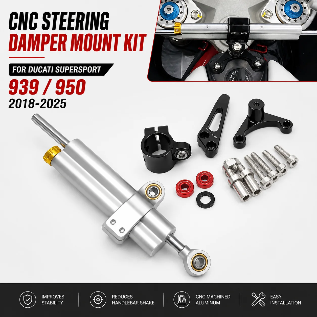 CNC Motorcycle Steering Damper Stabilizer Bracket Mount Kit Compatible With Ducati Supersport 939 950 2018-2025