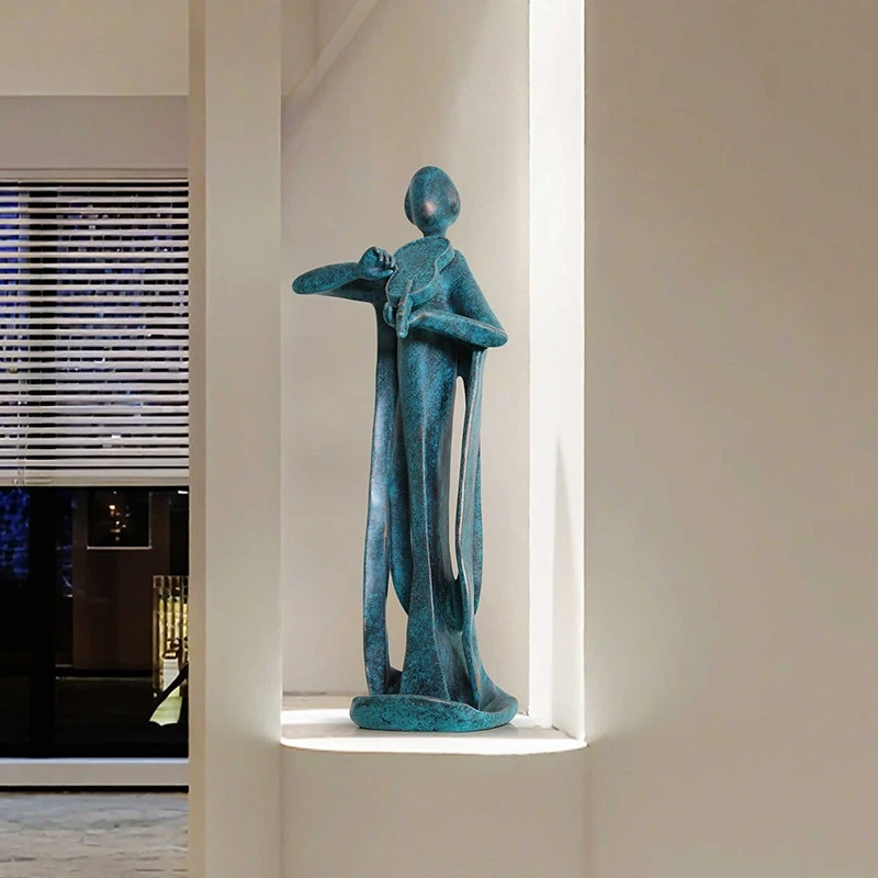 Creative Abstract Lady Musician Statues Resin Retro Blue Figurine Home Living Room Shelf Office Desktop Decor Housewarming Gifts