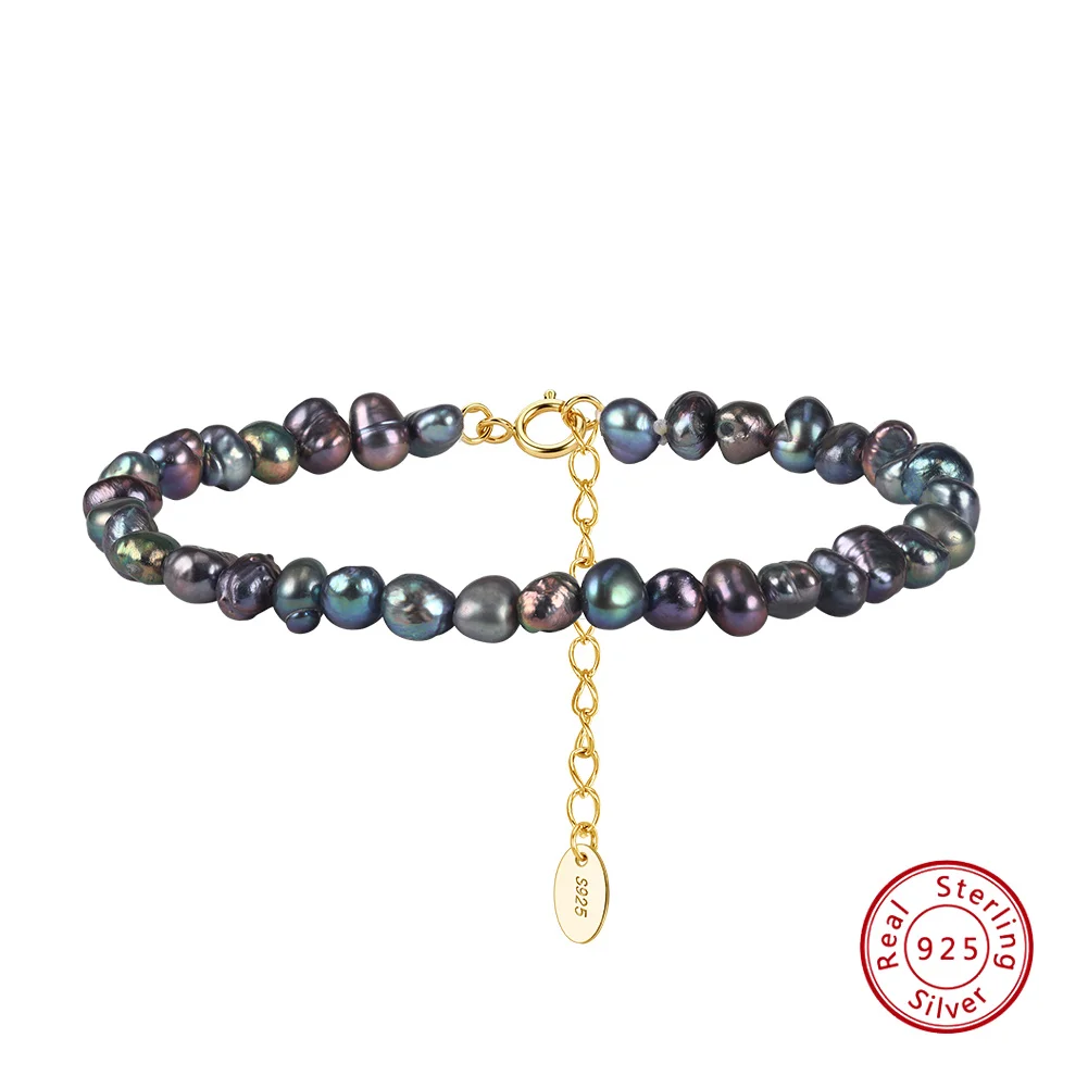 KISS MANDY Soild 925 Sterling Silver Light Luxury Black Natural Freshwater Pearl Bracelet Minimalist Women Birthday Gift GPB64