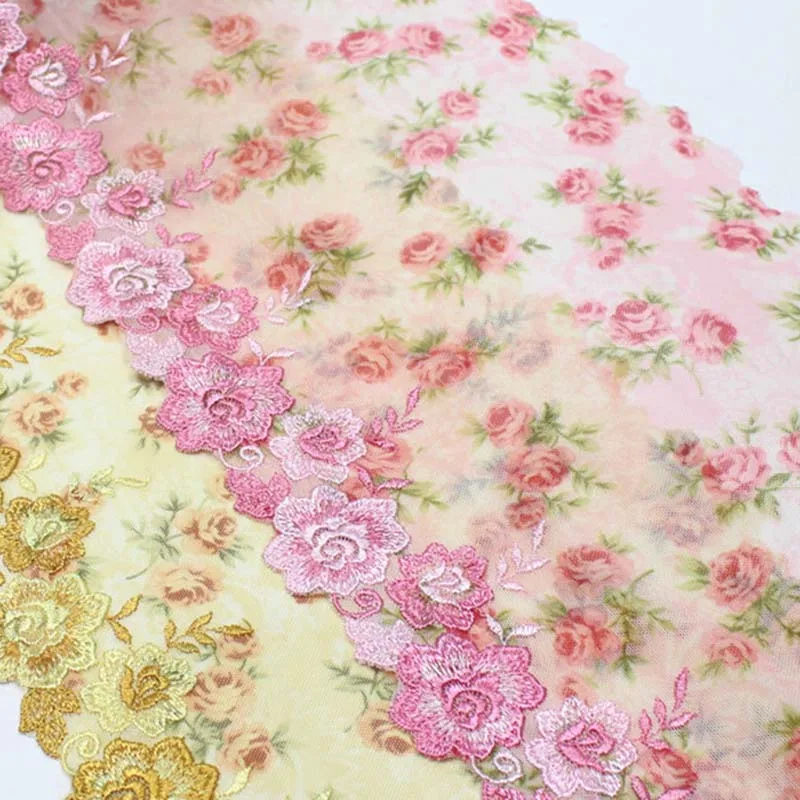 

27Yards Elegant Soft Yellow Pink Elastic Net Embroidery Lace Trim with Printed Rose Flowers Stretch Voile Embroidery Lace Fabric