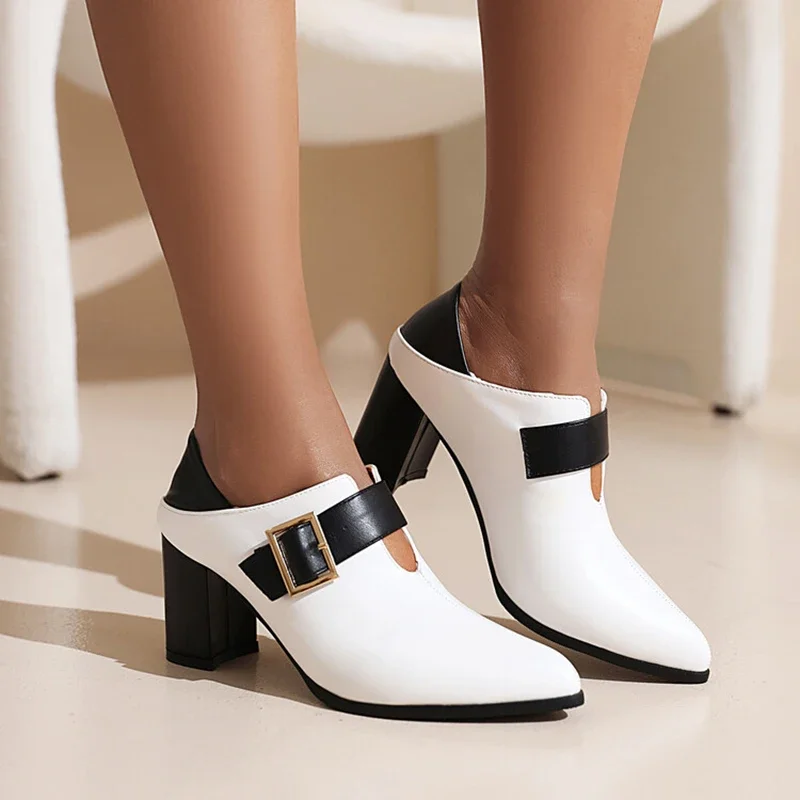 ASHIOFU 2025 New Handmade Women's Chunky Heel Pumps Patchwork Black White Party Prom Dress Shoes Evening Fashion Hot Sale Shoes