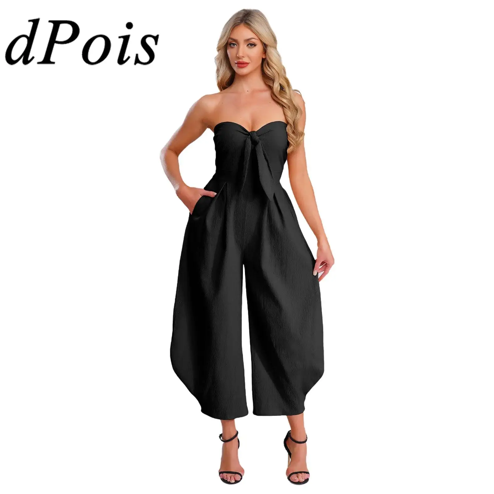 بدلة قفز نسائية أنيقة بعقدة ربط أمامية بدون حمالات مكشكشة عالية الخصر سراويل فضفاضة من قطعة واحدة لحفلات الكوكتيل والعطلات