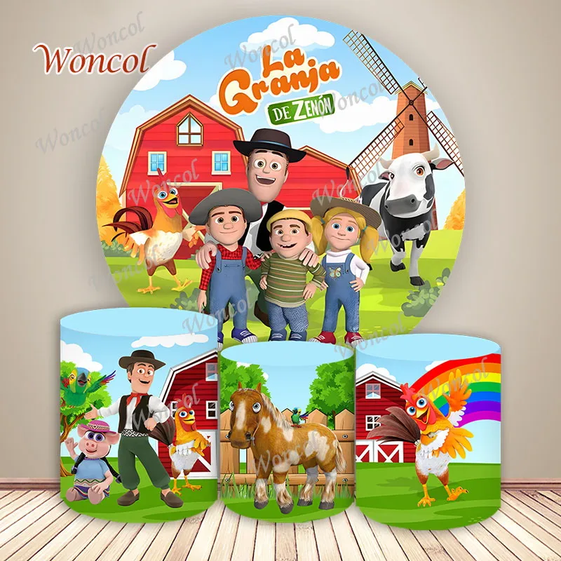 Funda Redonda para Cilindro con Diseño de Granja de Zenón, Fondo de Cumpleaños con Animales de Granja, Funda Cilíndrica de Granja de Zenón