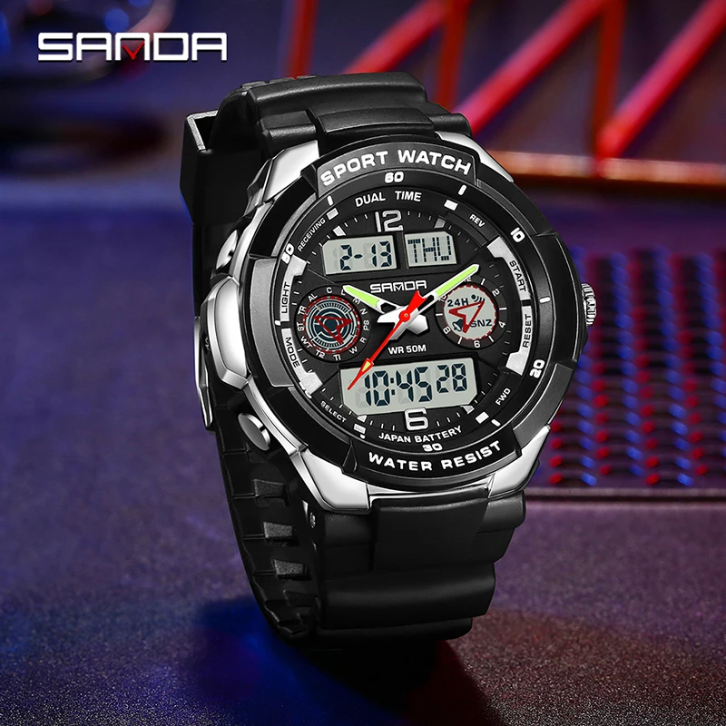 SANDA 6197 Waterproof Three Time Display Wristwatches Relogio Masculino watch Sport Men Military Digital Watches Sport Watch