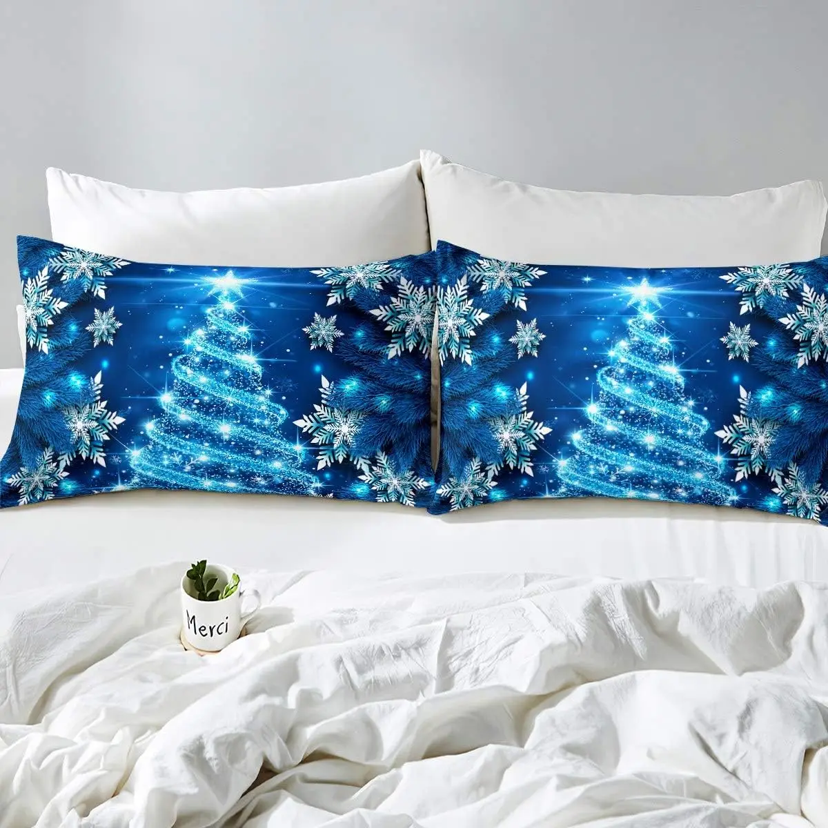 Christmas Tree Duvet Cover Blue Xmas Theme Bedding Set Snowflake for Girls Daughter Bedroom Decor Girly Glitter  Cover King 3Pcs