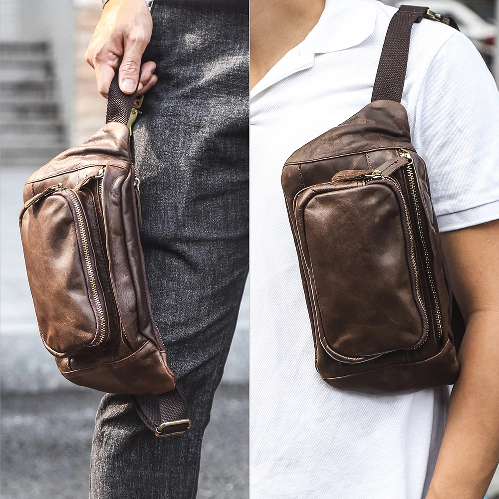 Hot selling Crazy Horse Leather Men's Chest Bag Multi functional Genuine Leather Waist Bag Crossbody Bag Men's Genuine Leather