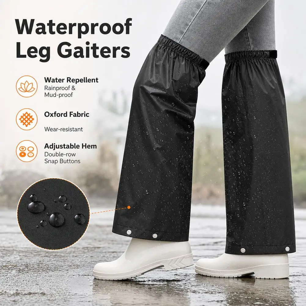 Extended Length Waterproof Leg Covers Oxford Fabric Water Repellent Elastic Top Cuff Adjustable Ankle Buttons Anti-Slip Mud