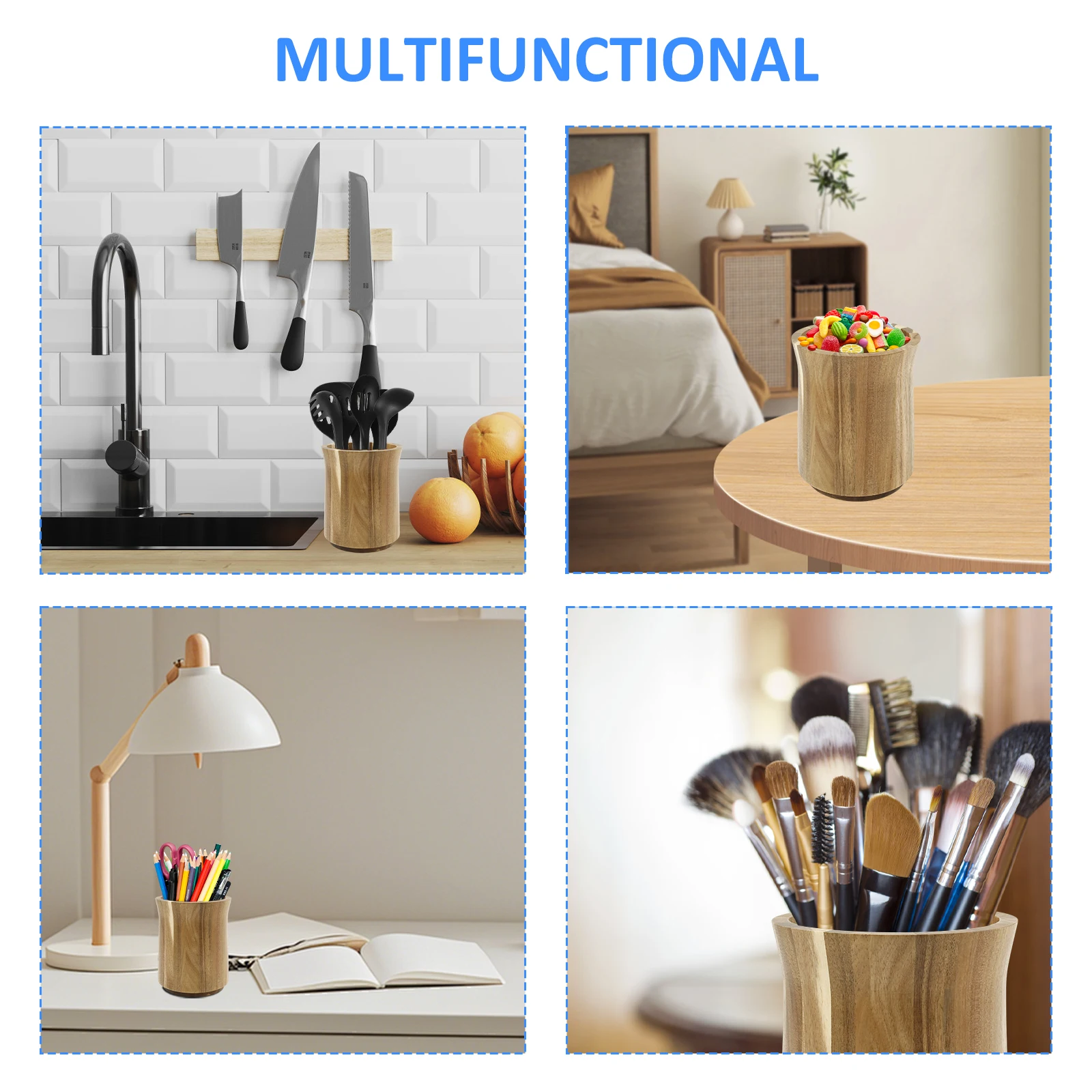 أنبوب تخزين خشبي لأدوات الطبخ وعيدان تناول الطعام وملاعق وشوك وأدوات المائدة 360 درجة °   رف تخزين متعدد الوظائف للمطابخ