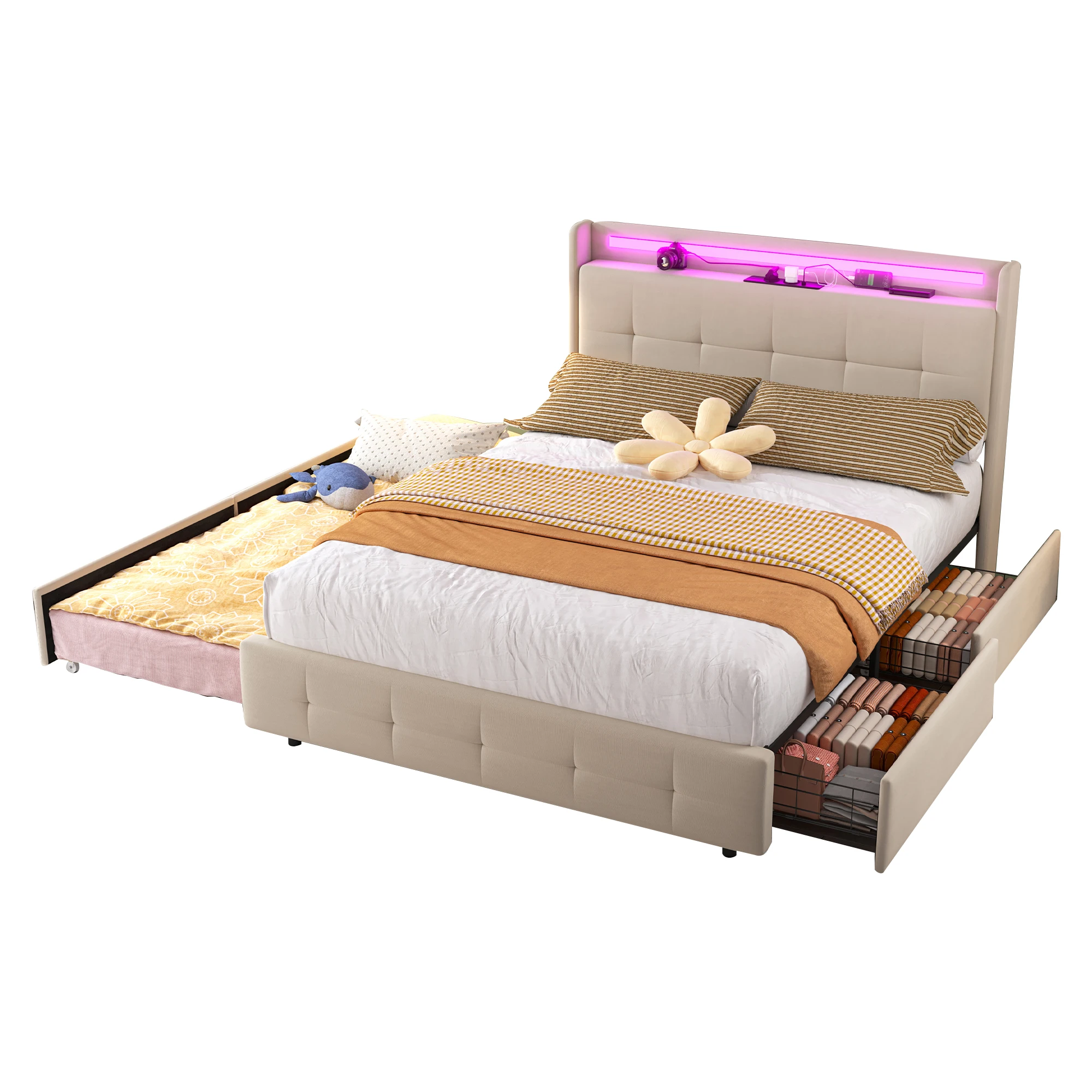 Double bed with USB charging headboard, pull-out bed upholstery bed with LED lighting and 2 drawers 160x200 cm storage bed rack The K