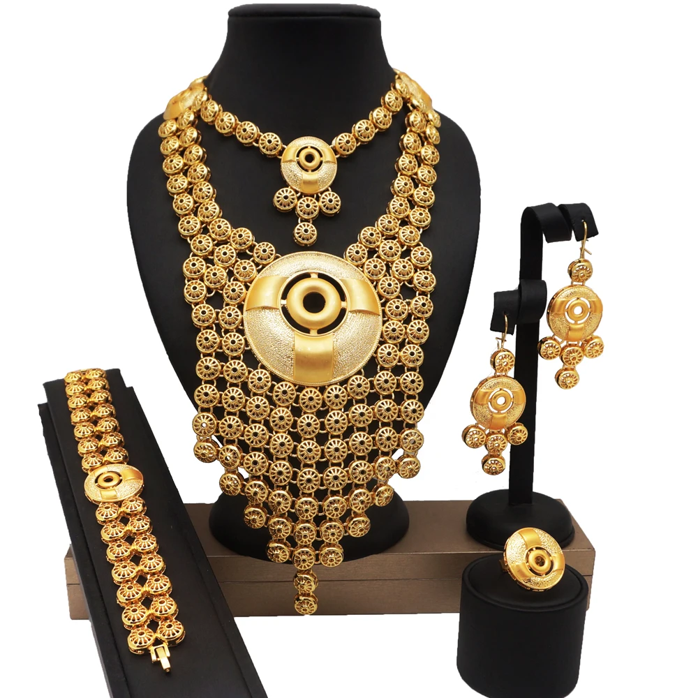

Fashion Gold Color Jewelry Sets African Bridal Big Jewelry sets Women Necklace Bracelet Earings Ring Wedding Gifts