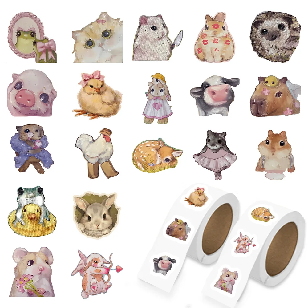 500pcs/Roll Cartoon Oil Painting Animal Doodle Sticker Roll DIY Creative Decorative Notebook Water Cup Mobile Phone Case Gifts