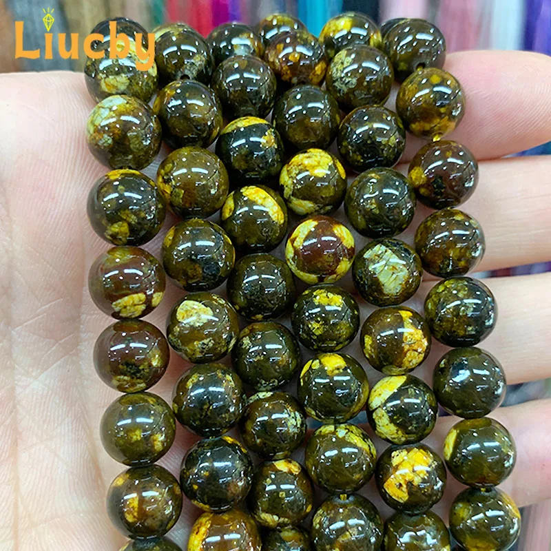 Natural Stone yellow Three Life Smooth Beads for Jewelry Making DIY Rings Bracelets Earrings Accessories 15\