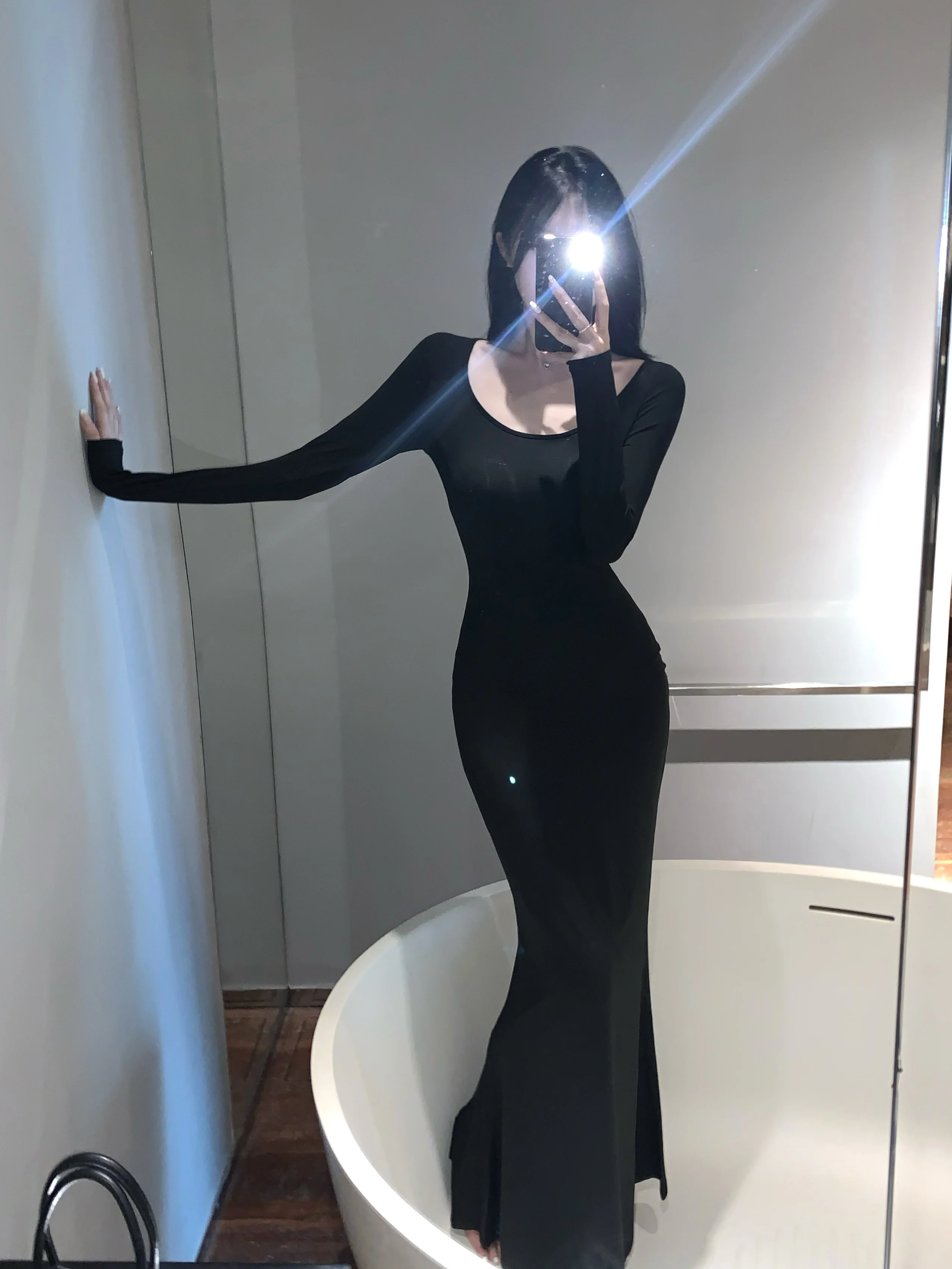 Kleider Langarm-Damenkleid für Damen, Hochzeit, Party, Herbst, Tweed, Marineblau, einreihig, tailliert, normale Passform, Elite, schlicht