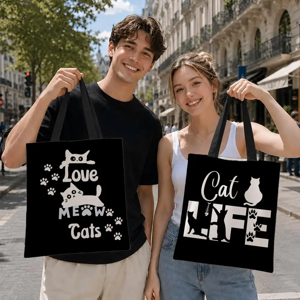 I Love Cats Print Heartbeat Storage Bags Canvas tote bag suitable for work school, daily commuting and other occasions