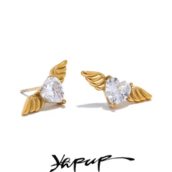 Yhpup Fashion Stainless Steel Shiny Cubic Zirconia Wing Stud Earrings for Women Prevent Allergy Chic Daily Jewelry Gift