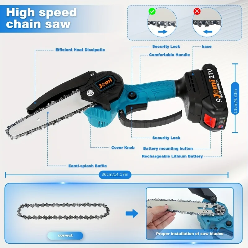 1pc Super Mini Cordless Chainsaw Portable Handheld Electric SawBranches, Courtyard Garden  Household 2 Chains  1/2 Batteries