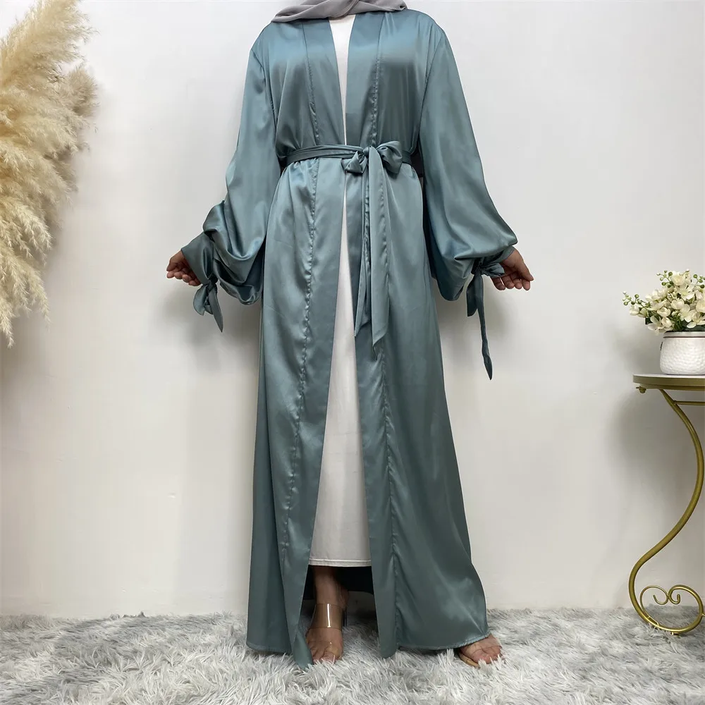 

Ramadan Eid Satin Open Abaya Women Puff Sleeve Kimono Cardigan Jalabiya Dubai Muslim Dress Belted Robe Islamic Clothing Kaftan