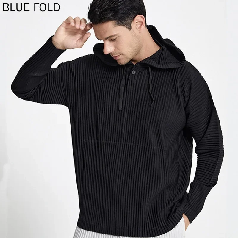 

Мужская плиссированная толстовка Miyake, куртка с длинными рукавами с капюшоном, однотонная, дышащая, свободная завязка, повседневная, осень, зима