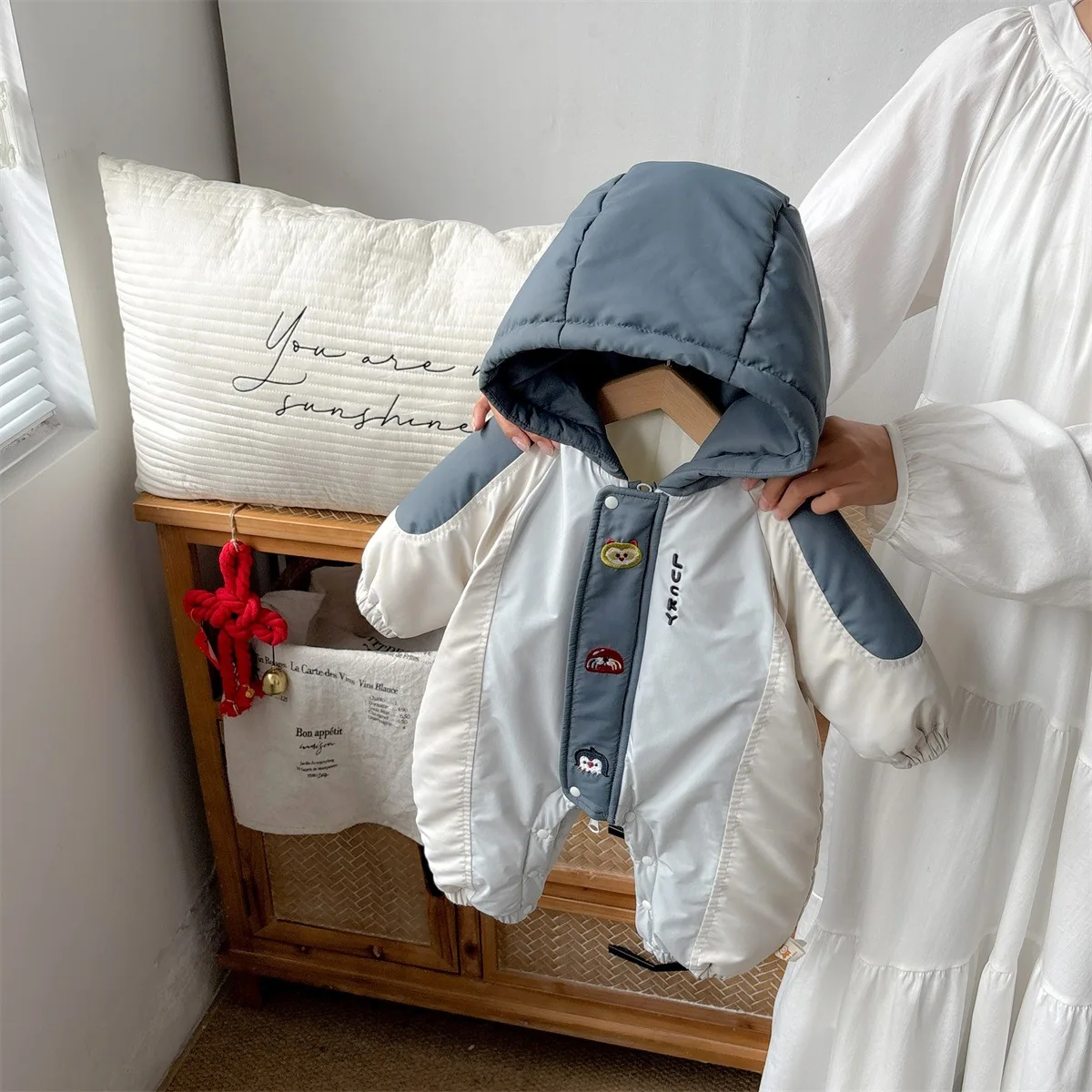 

Infant Baby Girls Overalls 2025 Winter Hooded Cartoon Embroidery Thick Warm Rompers Parka Ins Zipper Newborn Girls Jumpsuits