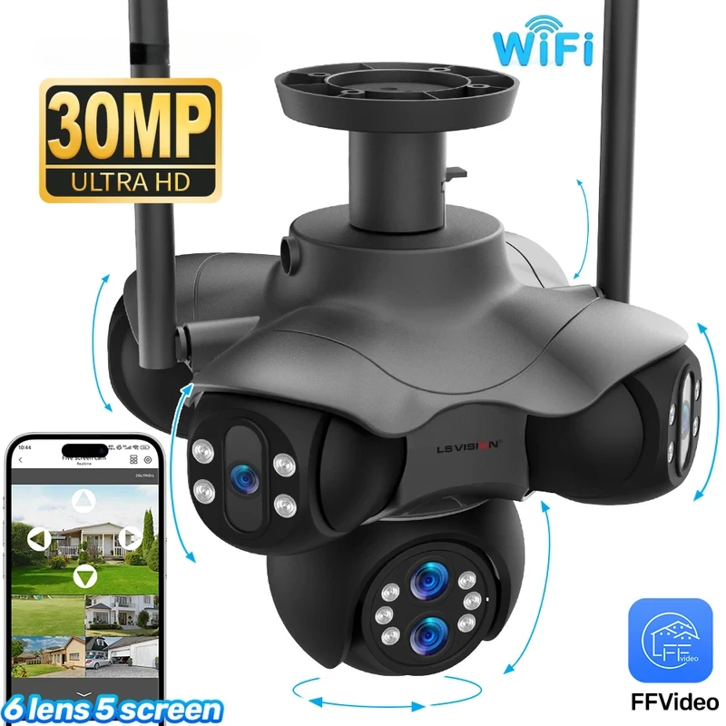 30MP Five Screens Panoramic Security Camera Outdoor 5 PTZ 6 Lens 10X Optical Zoom Auto Tracking Waterproof CCTV Camera
