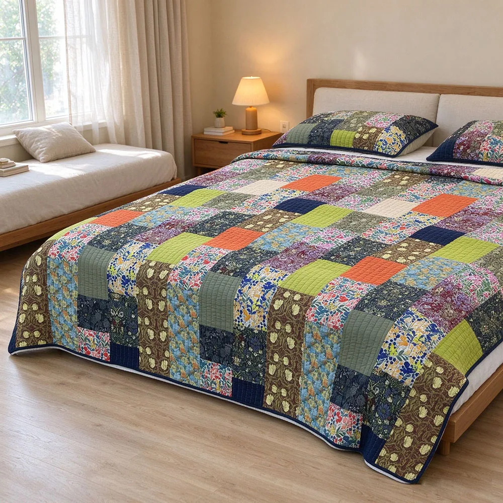 Handmade Patchwork Quilt Set 3PCS Cotton Bedspread for Bed Quilted Blanket with Pillowcase Lightweight Coverlet