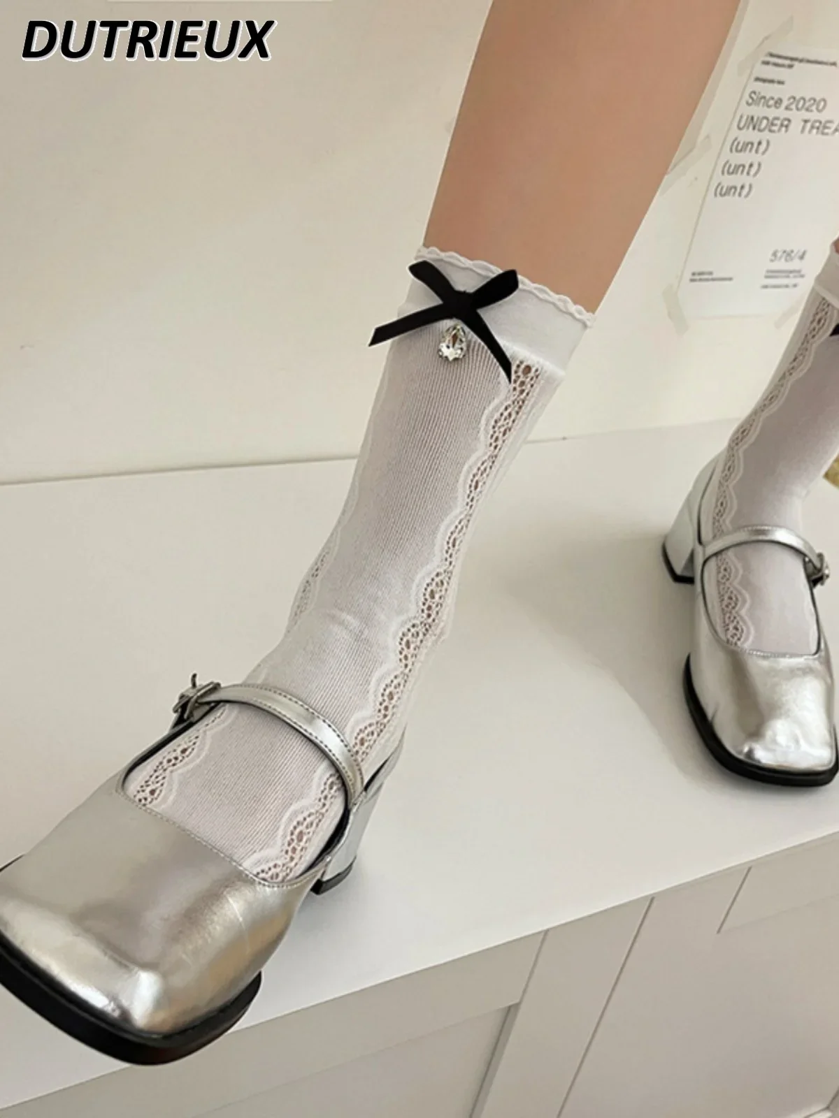 

2-pairs Spring New Rhinestone Bow Lace Lolita Girl Mid-Calf Length Loose Socks Sweet Cute All-matching Stocking for Women