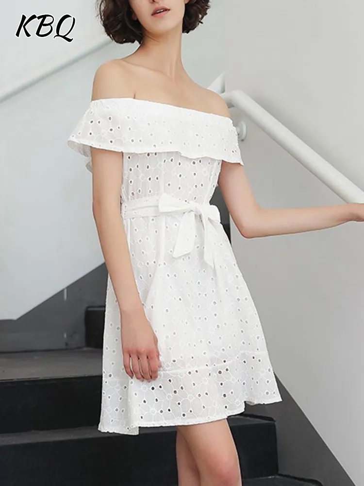 

KBQ Spliced Lace Up Hollow Out Dress For Women Strapless Short Sleeve Off Shoulder High Waist Solid Pullover Mini Dresses Female