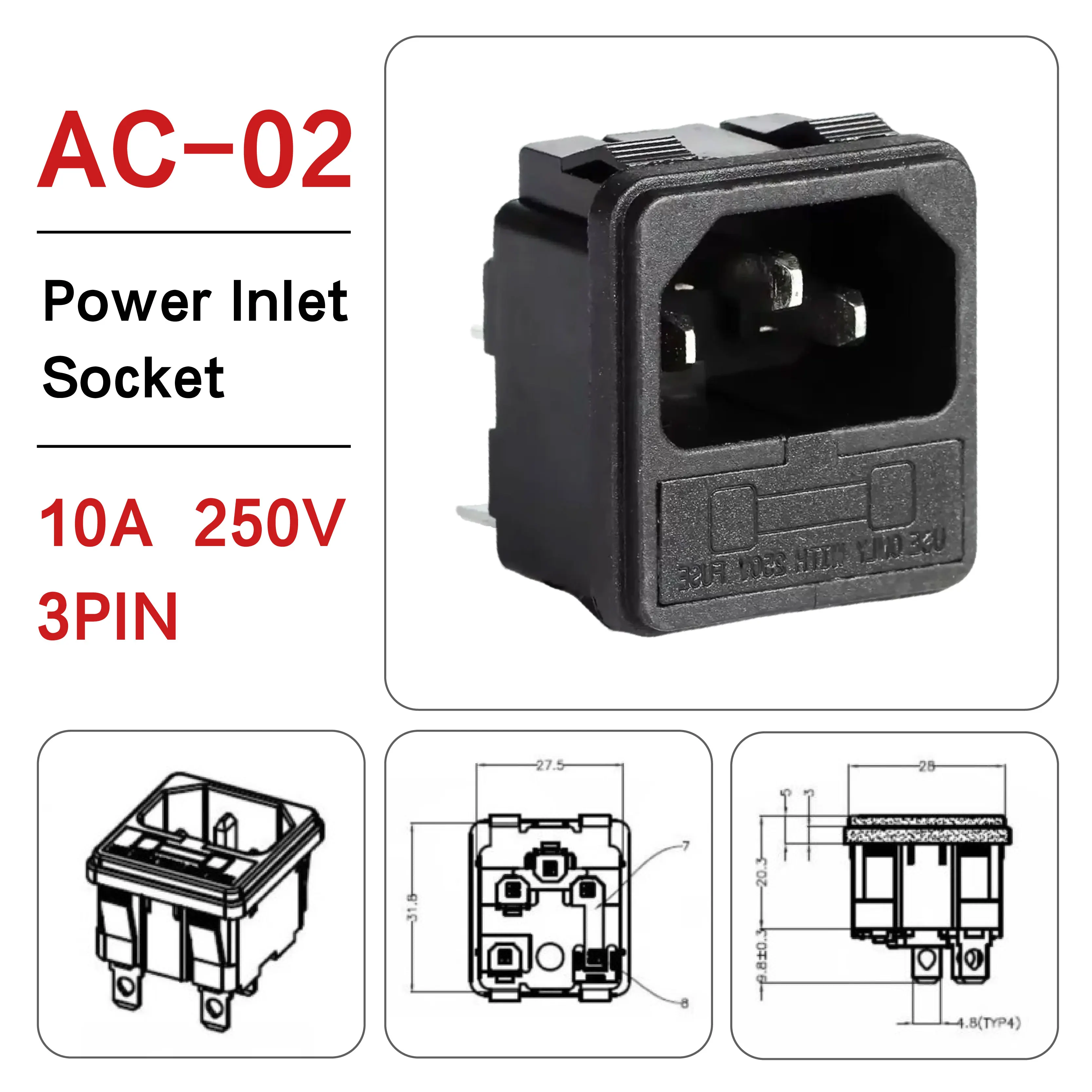 AC-02 IEC Power Inlet 10A 250V Panel Mount Socket with Integrated Fuse Holder