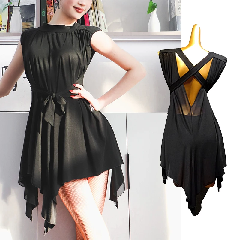 

2025 New Latin Dance Competition Clothes Women Black Back Mesh Irregular Dress Adult Practice Outfit Latin Dance Dress DN20439