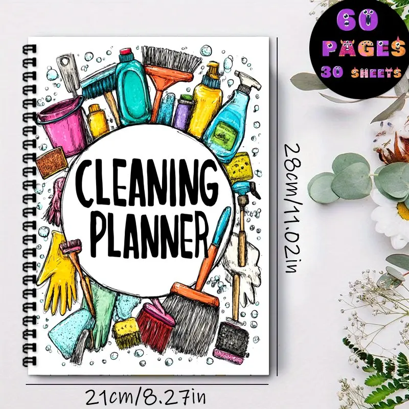 ADHD Home Cleaning Plan Notebook,Spiral Binding Notebook A4,Weekly & Monthly Cleaning Schedules,Colorful Cleaning Tools Design