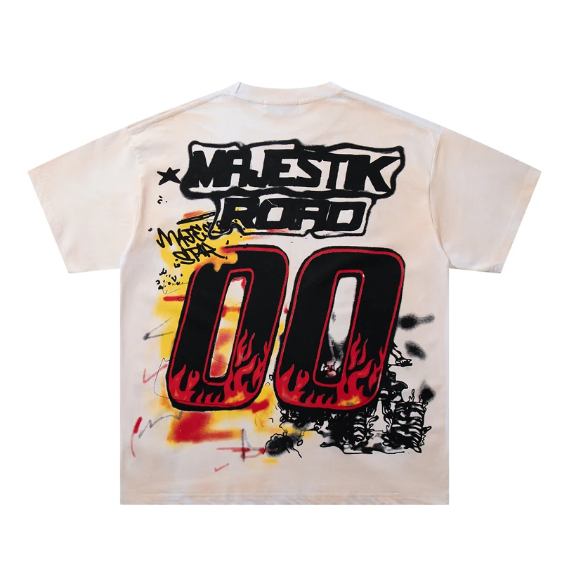 Men Vintage Tie Dye Hotfix Rhinestone Majestik T-Shirt Motorcycle Racing 00 Number Graphic Short Sleeve Y2K Hip Hop Streetwear