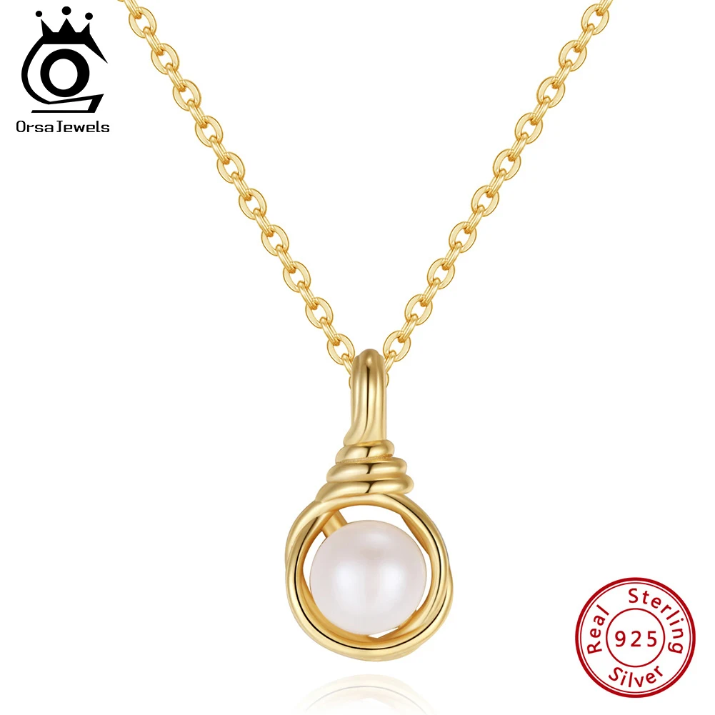 

ORSA JEWELS 14K Gold Plated Natural Freshwater Pearl Pendant Choker Chain 925 Sterling Silver Round Pearl Necklace GPN46