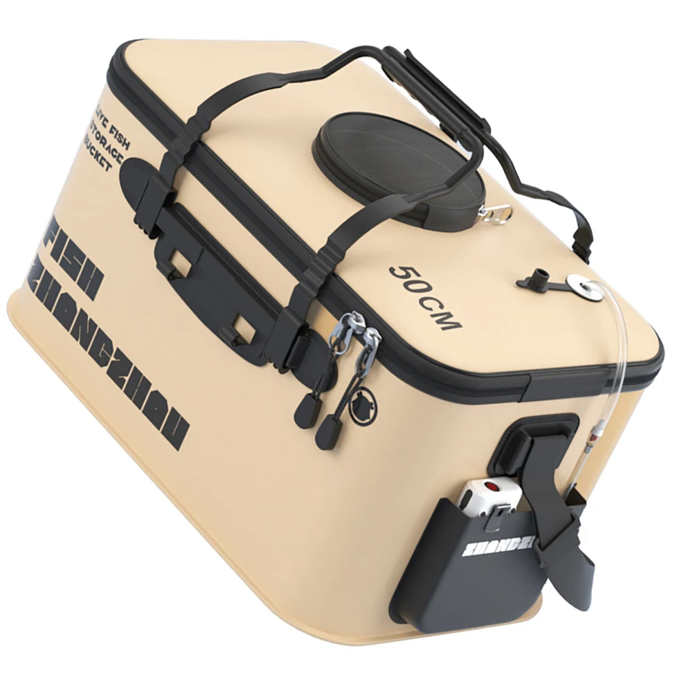 Folding Fishing Bucket with Hot Pressed Reinforced Connections and Double Zipper Mesh Cover for Convenient Outdoor Use